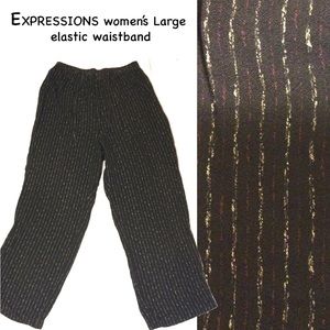 EXPRESSIONS Black w/ Striped white/violet Women’s, L - pants w elastic waistband